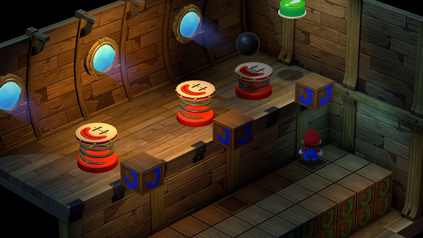 (2) 動くトランポリンを止めて鉄球をスイッチに