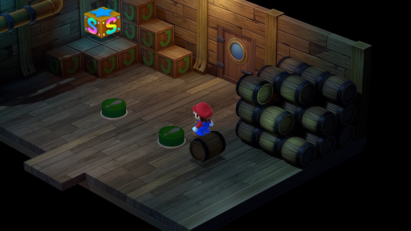 (6) 樽を動かしてスイッチに乗せ、もう片方はマリオが踏む